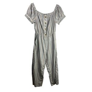 Blush Off Shoulder Striped Jumpsuit Blue Tan Button Front Pockets Boho Casual